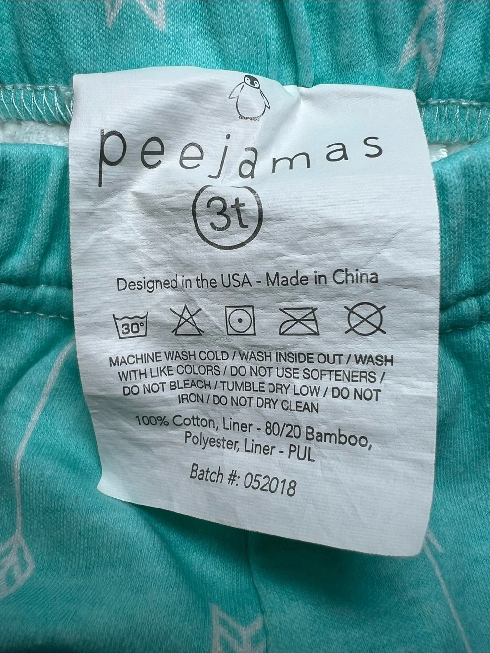 Peejamas size 3T Toddler Arrow Print - Aqua unisex pajama bottoms